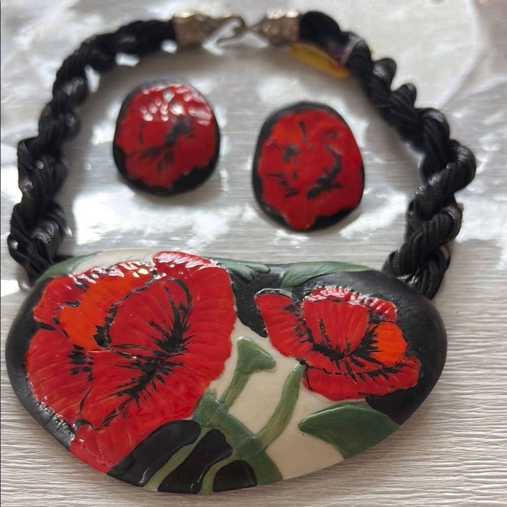 New Hand Made Porcelain Floral Red and Black Jewelry Set Poppy Design